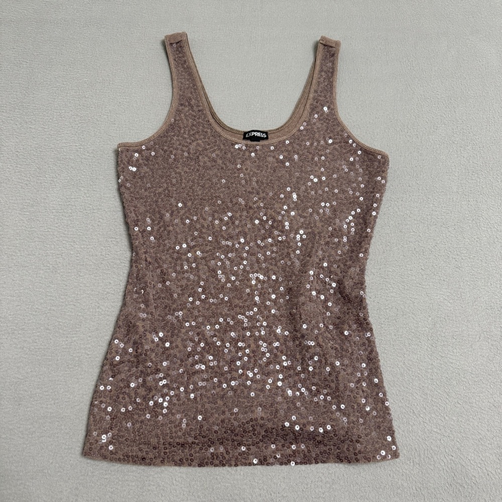 Express Tank Top Women‎ L Brown Sequin Y2K Ribbed Knit Scoop Neck Sparkly